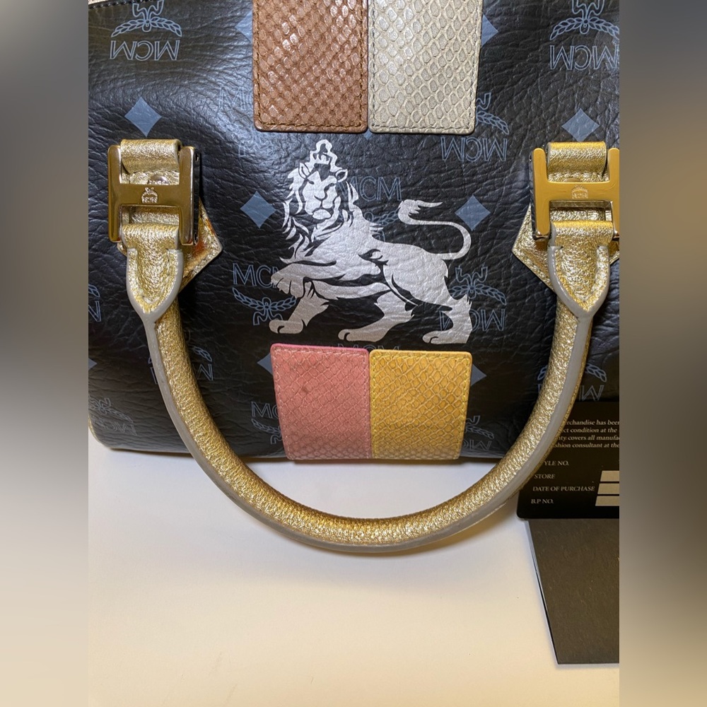 MCM Black Canvas, Snakeskin Embossed and Leather Princess Lion Boston Bag - Picture 11 of 12